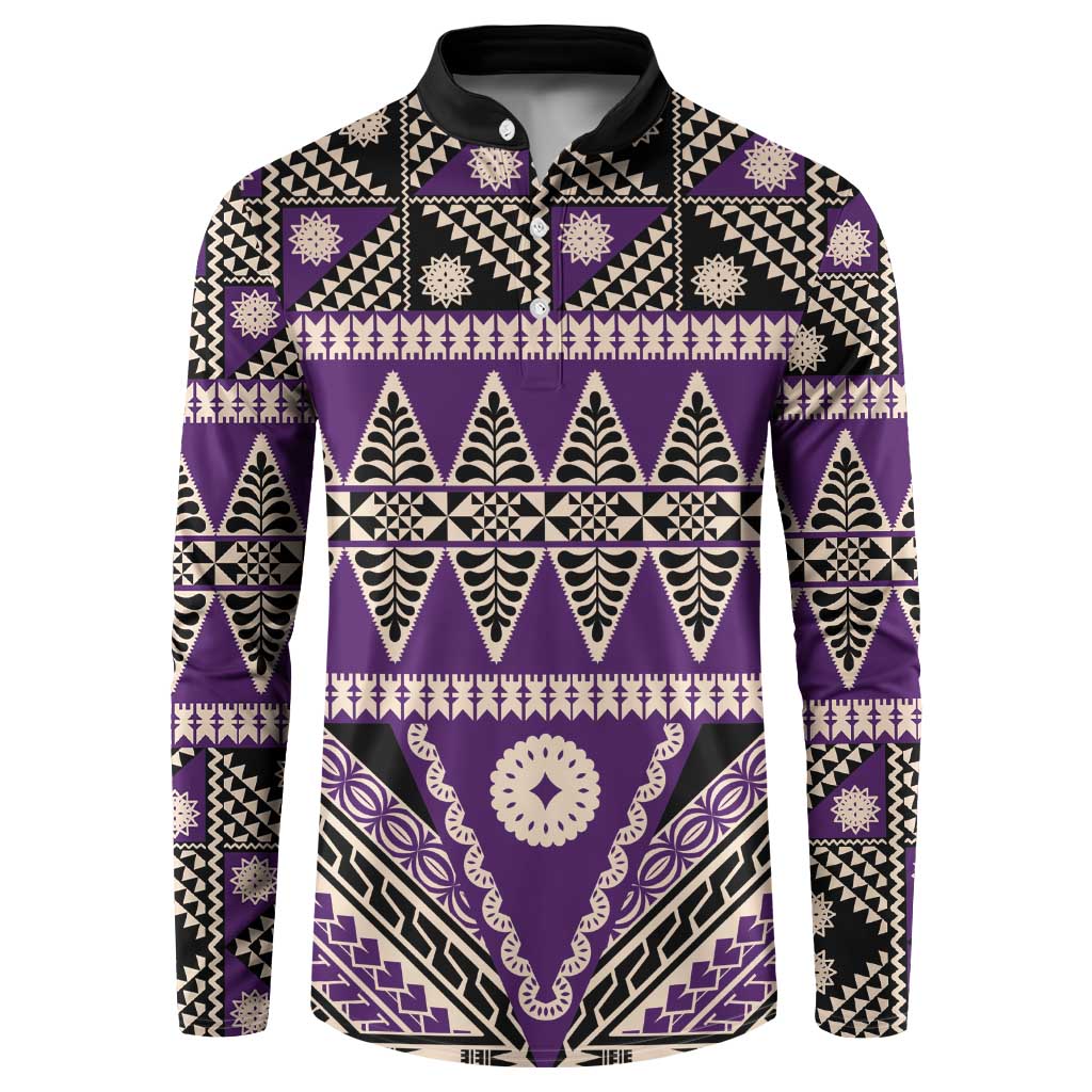 Vintage Bula Fiji Button Sweatshirt Purple Tapa Masi Motif LT9 Purple - Polynesian Pride