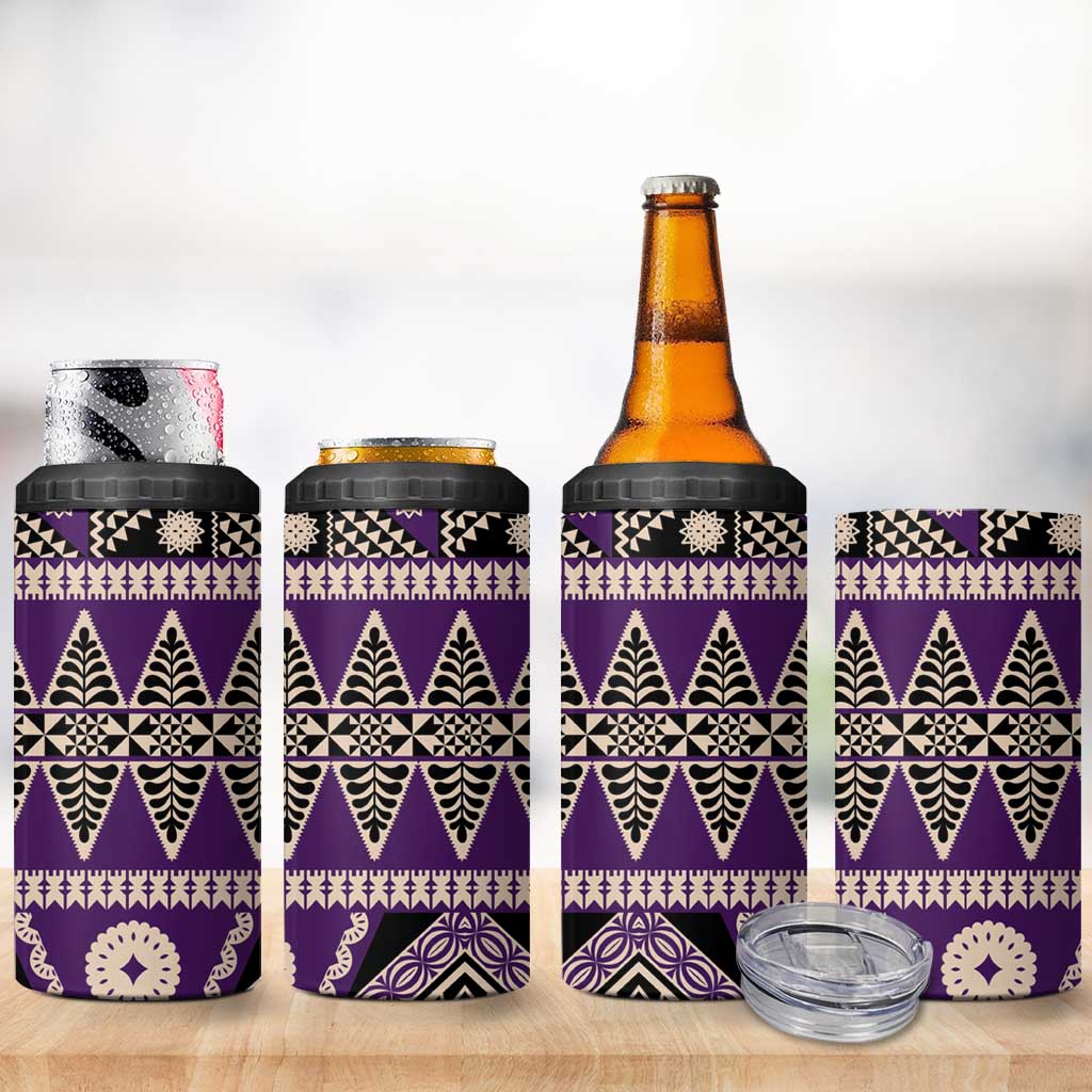 Vintage Bula Fiji 4 in 1 Can Cooler Tumbler Purple Tapa Masi Motif