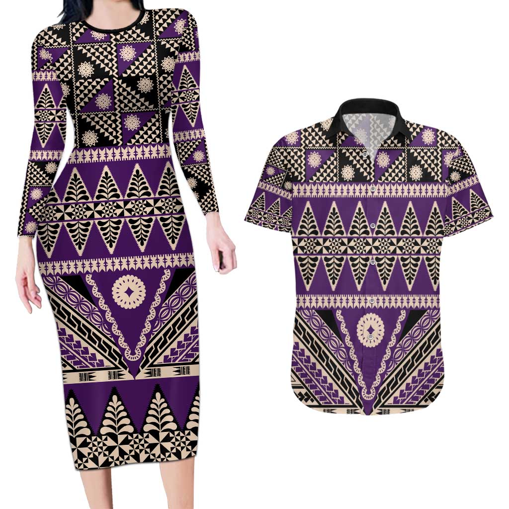 Vintage Bula Fiji Couples Matching Long Sleeve Bodycon Dress and Hawaiian Shirt Purple Tapa Masi Motif