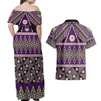 Vintage Bula Fiji Couples Matching Off Shoulder Maxi Dress and Hawaiian Shirt Purple Tapa Masi Motif