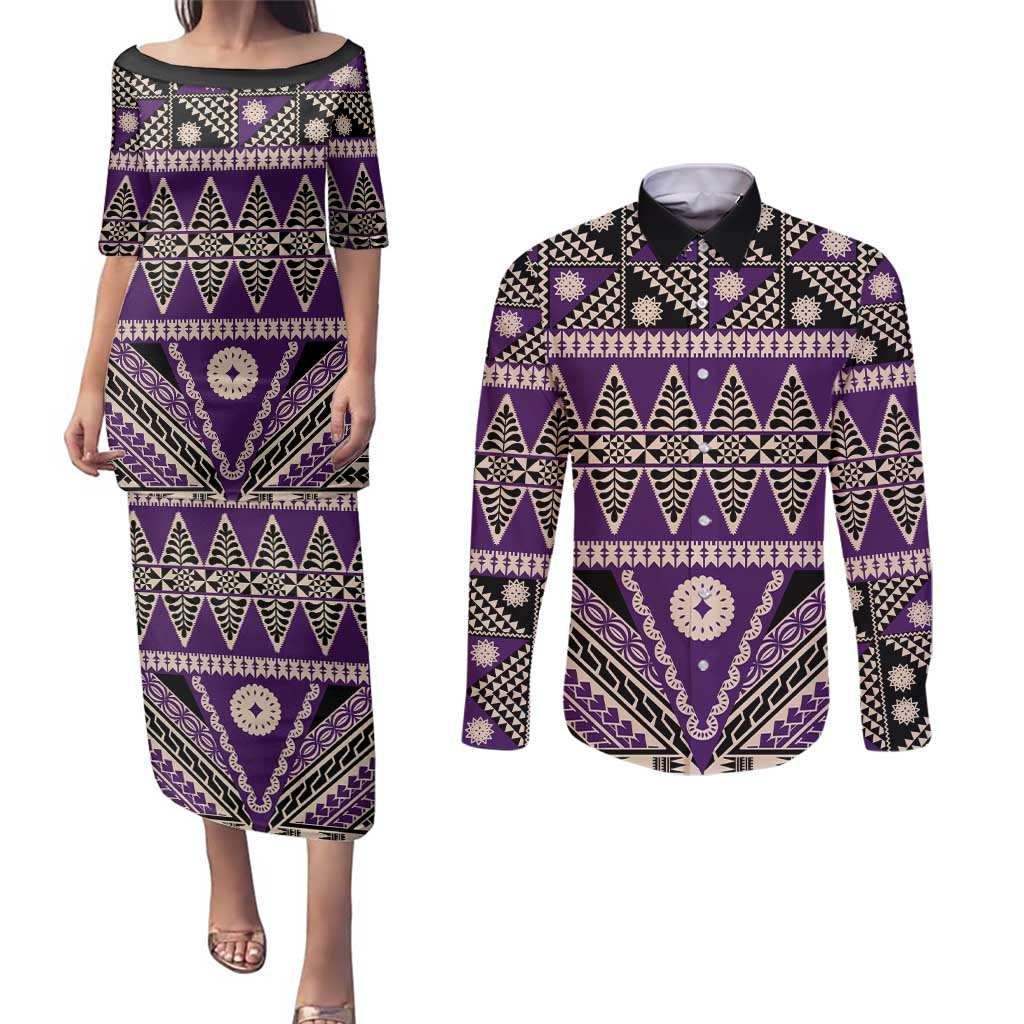 Vintage Bula Fiji Couples Matching Puletasi and Long Sleeve Button Shirt Purple Tapa Masi Motif LT9 Purple - Polynesian Pride