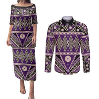 Vintage Bula Fiji Couples Matching Puletasi and Long Sleeve Button Shirt Purple Tapa Masi Motif LT9 Purple - Polynesian Pride