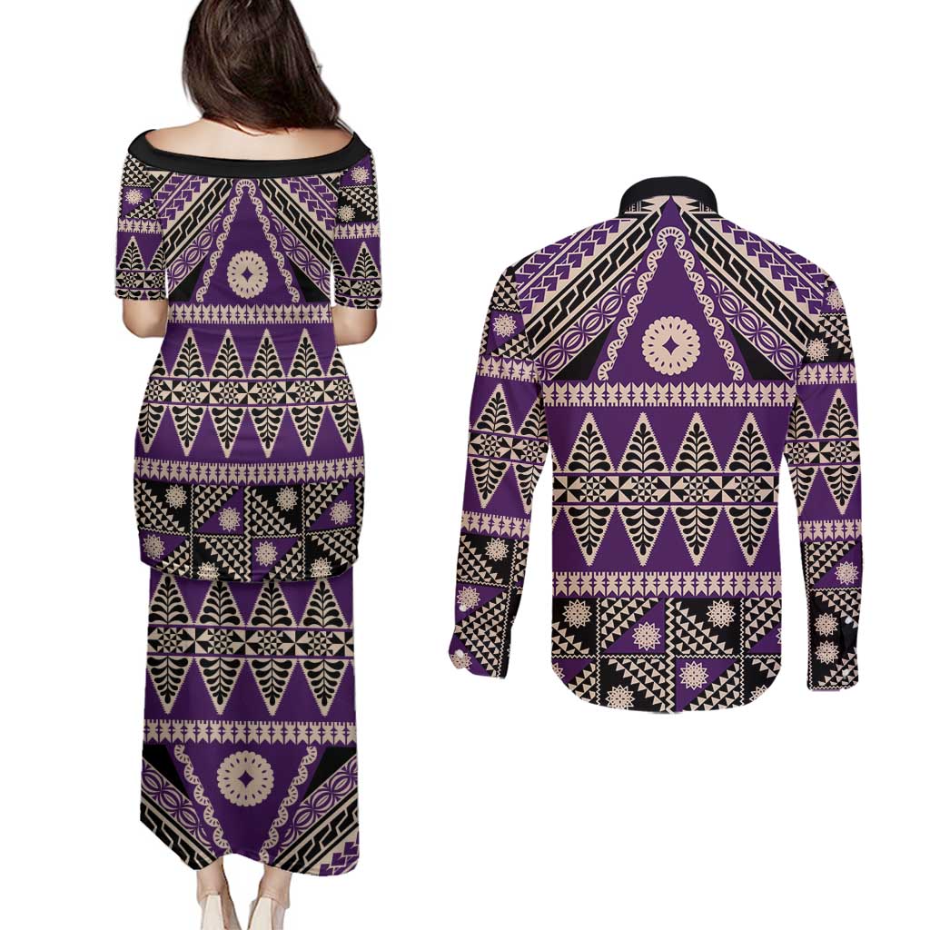 Vintage Bula Fiji Couples Matching Puletasi and Long Sleeve Button Shirt Purple Tapa Masi Motif LT9 - Polynesian Pride