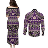 Vintage Bula Fiji Couples Matching Puletasi and Long Sleeve Button Shirt Purple Tapa Masi Motif LT9 - Polynesian Pride
