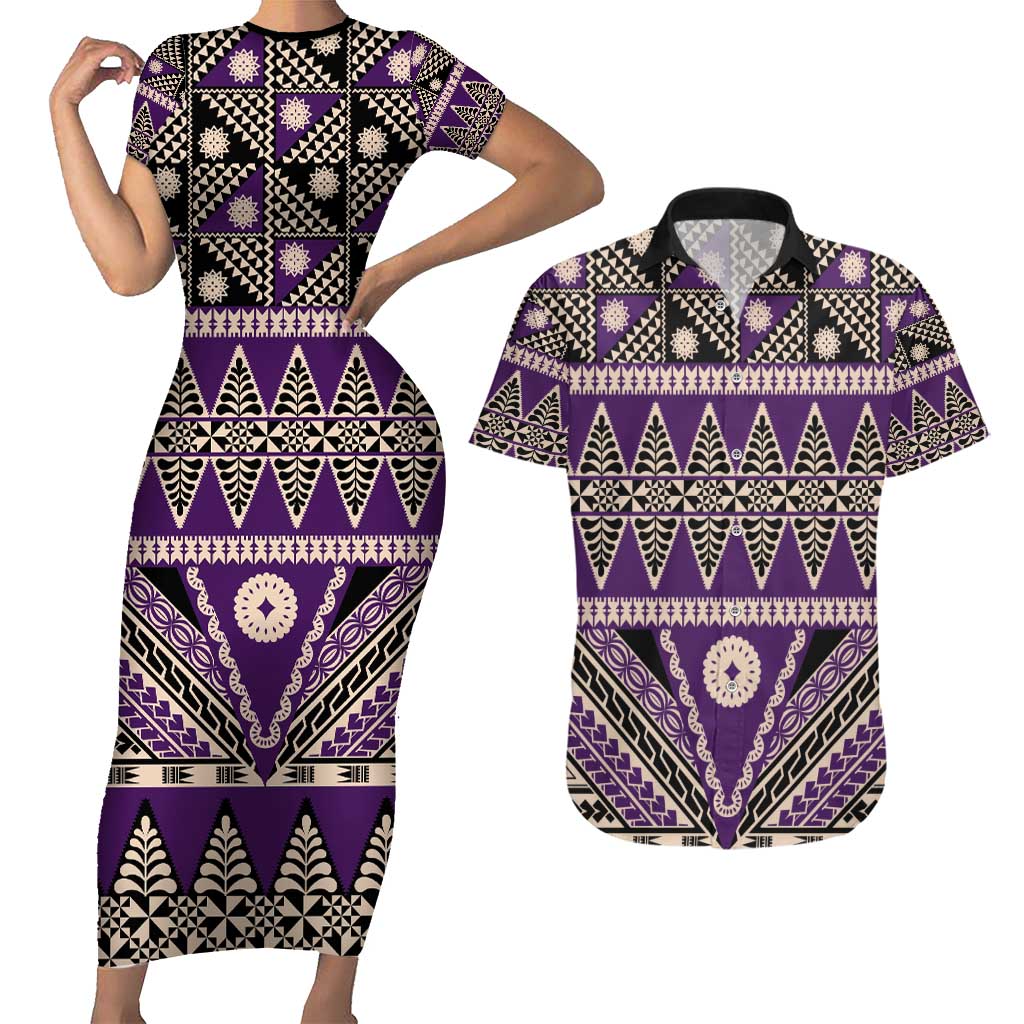 Vintage Bula Fiji Couples Matching Short Sleeve Bodycon Dress and Hawaiian Shirt Purple Tapa Masi Motif