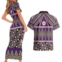 Vintage Bula Fiji Couples Matching Short Sleeve Bodycon Dress and Hawaiian Shirt Purple Tapa Masi Motif