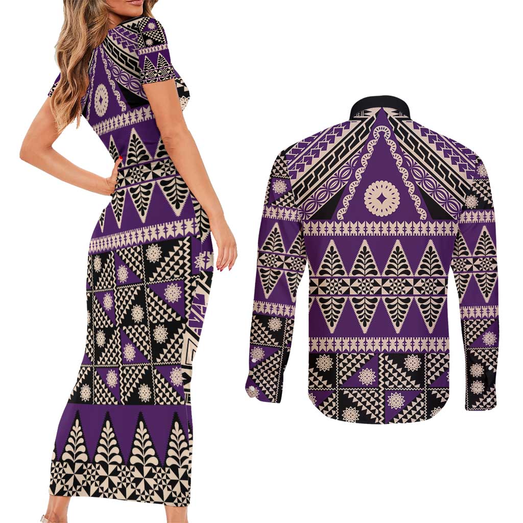 Vintage Bula Fiji Couples Matching Short Sleeve Bodycon Dress and Long Sleeve Button Shirt Purple Tapa Masi Motif