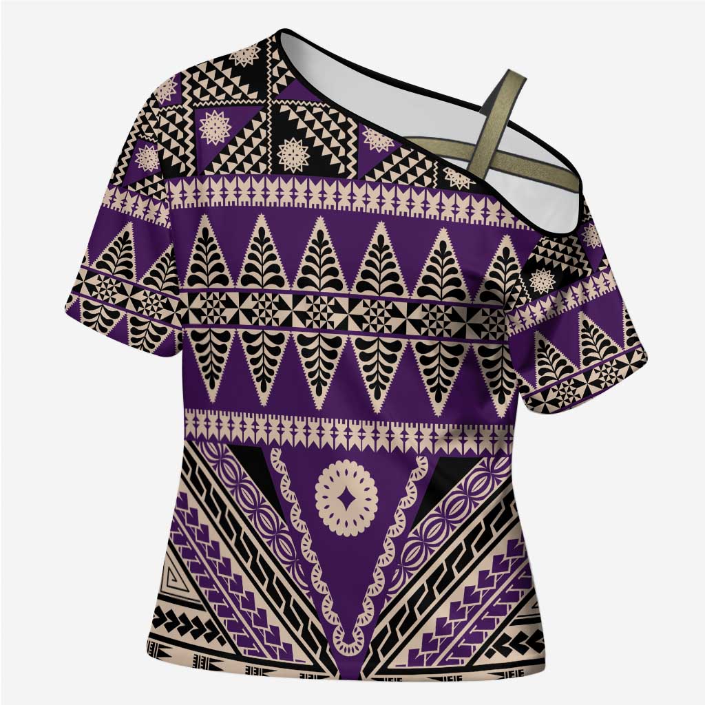 Vintage Bula Fiji Cross Shoulder Shirt Purple Tapa Masi Motif - Polynesian Pride