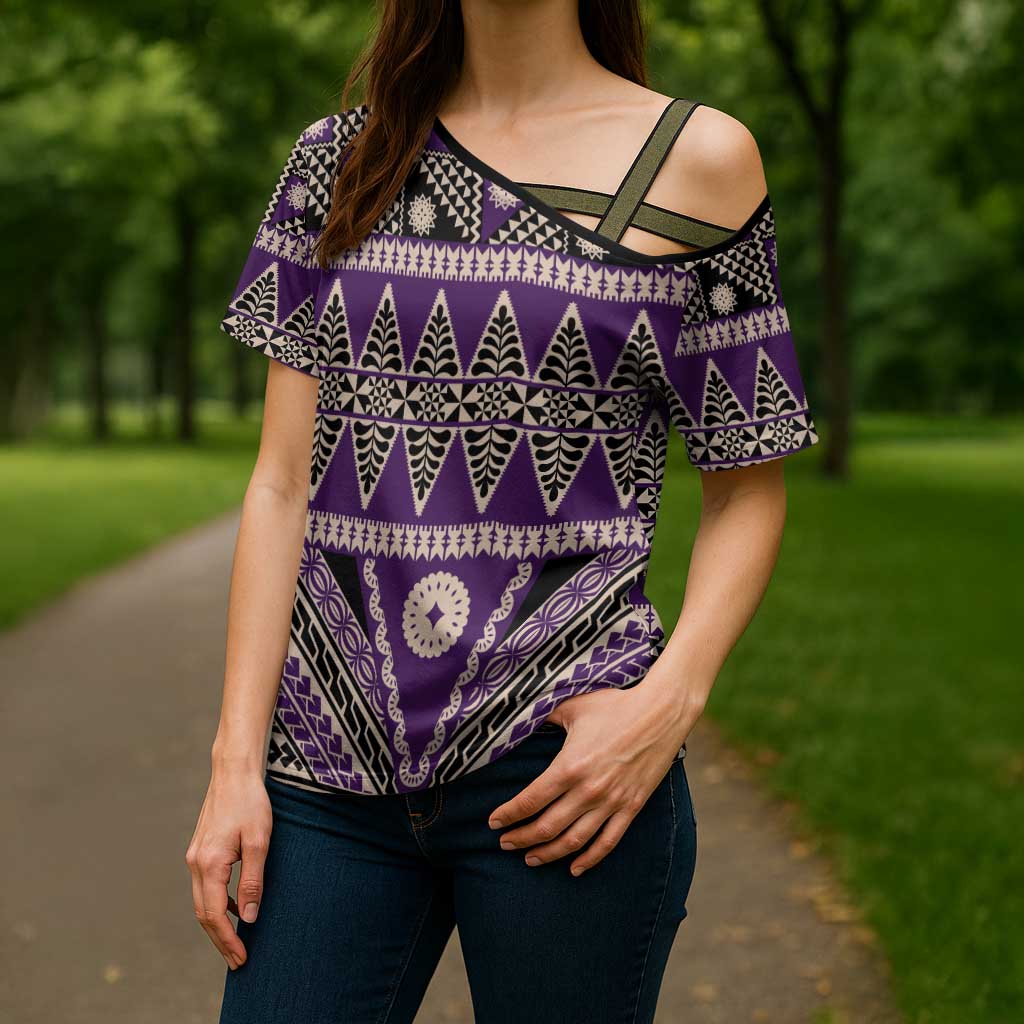 Vintage Bula Fiji Cross Shoulder Shirt Purple Tapa Masi Motif - Polynesian Pride