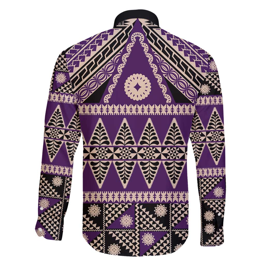 Vintage Bula Fiji Family Matching Long Sleeve Bodycon Dress and Hawaiian Shirt Purple Tapa Masi Motif