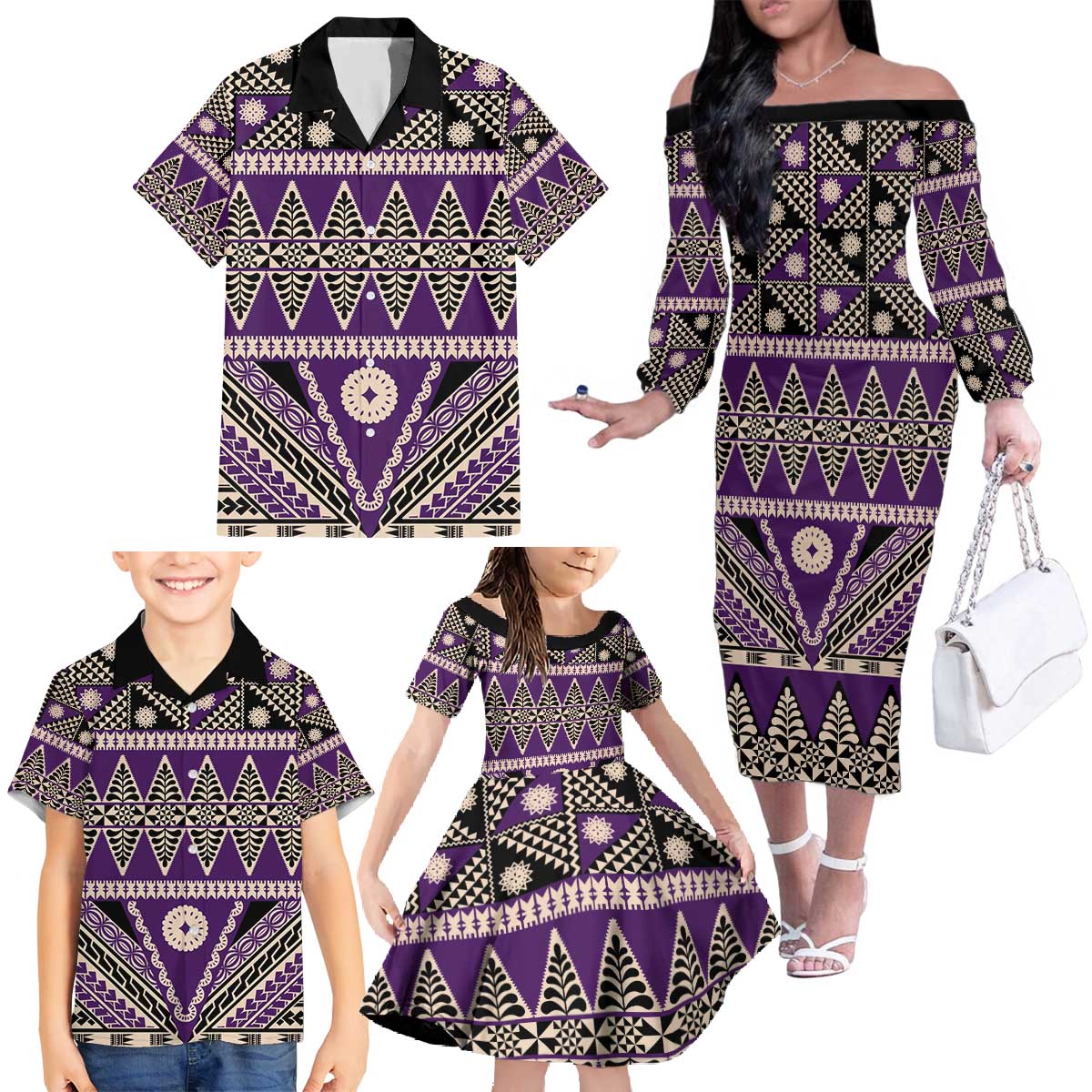 Vintage Bula Fiji Family Matching Off The Shoulder Long Sleeve Dress and Hawaiian Shirt Purple Tapa Masi Motif