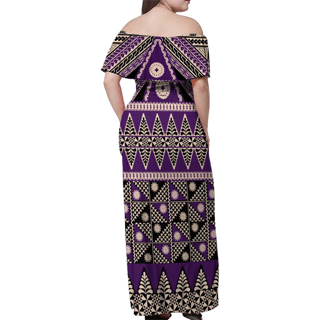 Vintage Bula Fiji Family Matching Off Shoulder Maxi Dress and Hawaiian Shirt Purple Tapa Masi Motif