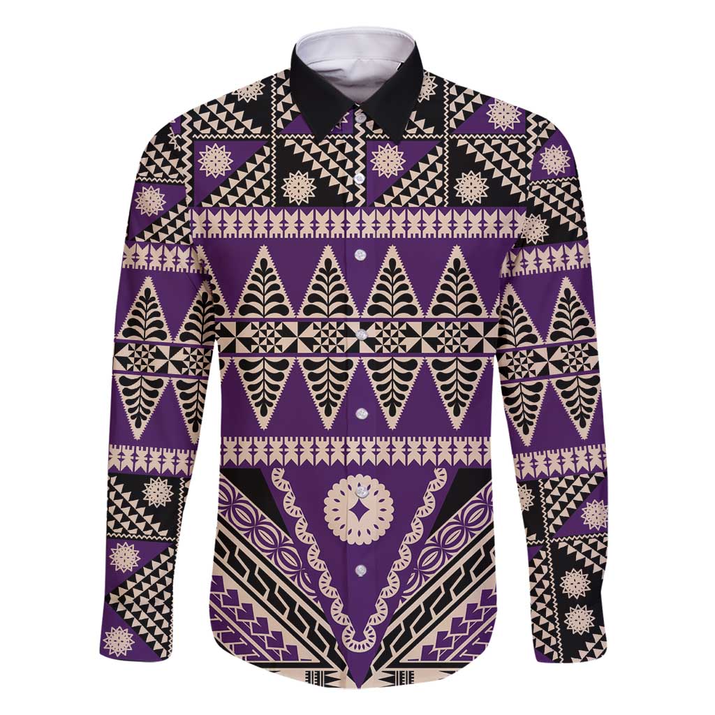 Vintage Bula Fiji Family Matching Off Shoulder Short Dress and Hawaiian Shirt Purple Tapa Masi Motif