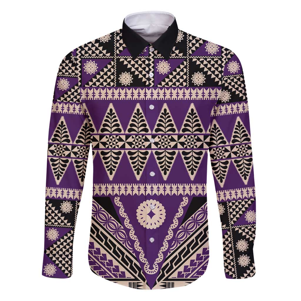 Vintage Bula Fiji Family Matching Puletasi and Hawaiian Shirt Purple Tapa Masi Motif