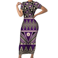Vintage Bula Fiji Family Matching Short Sleeve Bodycon Dress and Hawaiian Shirt Purple Tapa Masi Motif
