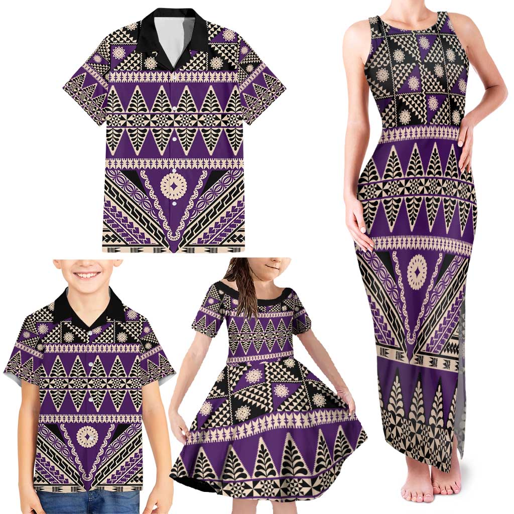 Vintage Bula Fiji Family Matching Tank Maxi Dress and Hawaiian Shirt Purple Tapa Masi Motif