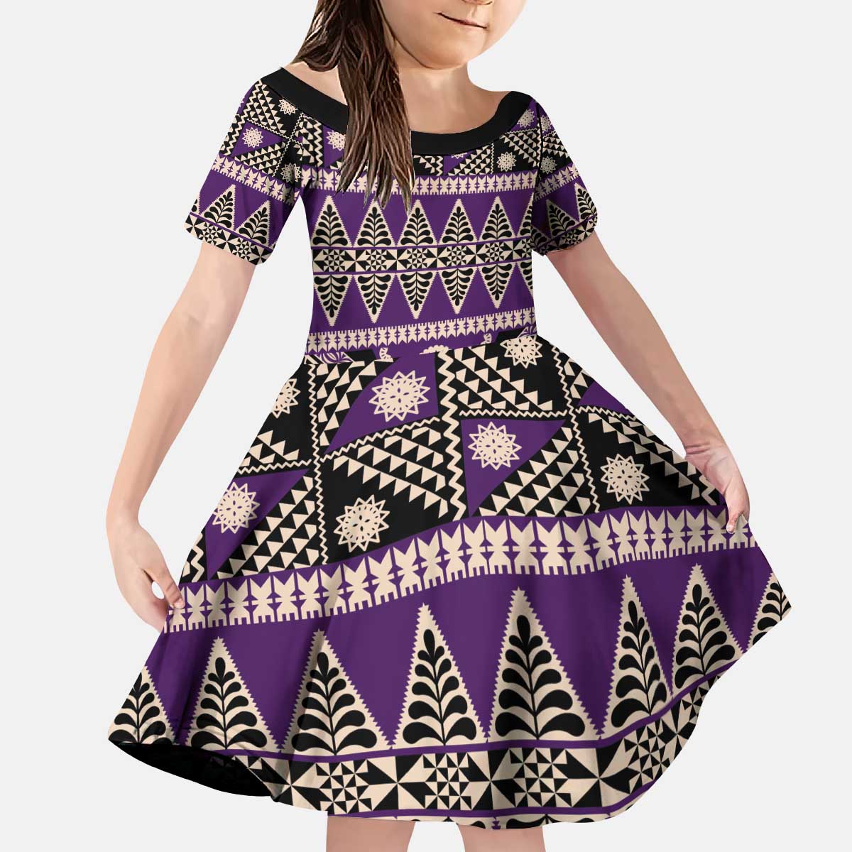 Vintage Bula Fiji Kid Short Sleeve Dress Purple Tapa Masi Motif