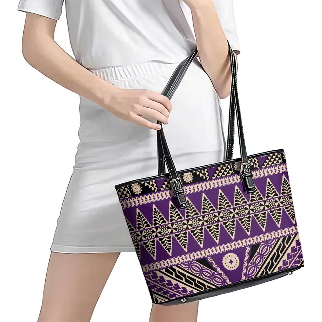 Vintage Bula Fiji Leather Tote Bag Purple Tapa Masi Motif