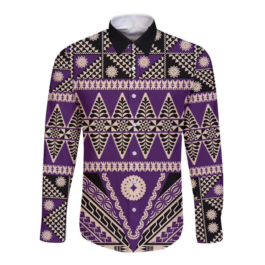 Vintage Bula Fiji Long Sleeve Button Shirt Purple Tapa Masi Motif LT9 Unisex Purple - Polynesian Pride