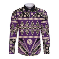 Vintage Bula Fiji Long Sleeve Button Shirt Purple Tapa Masi Motif LT9 Unisex Purple - Polynesian Pride