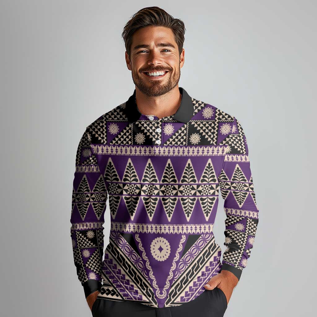 Vintage Bula Fiji Long Sleeve Polo Shirt Purple Tapa Masi Motif