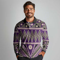 Vintage Bula Fiji Long Sleeve Polo Shirt Purple Tapa Masi Motif