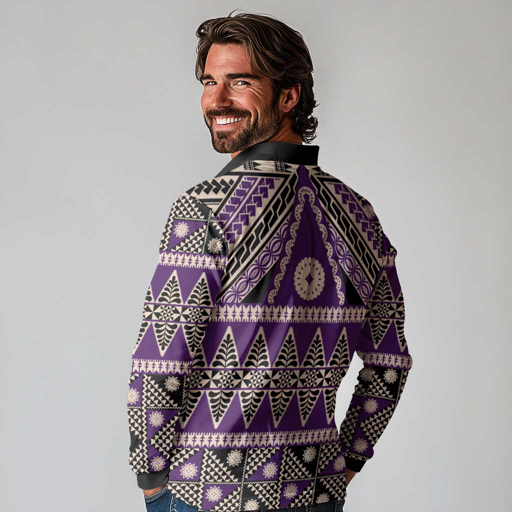 Vintage Bula Fiji Long Sleeve Polo Shirt Purple Tapa Masi Motif