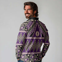 Vintage Bula Fiji Long Sleeve Polo Shirt Purple Tapa Masi Motif