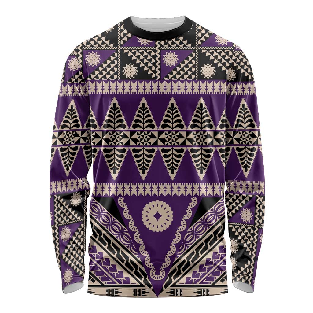 Vintage Bula Fiji Long Sleeve Shirt Purple Tapa Masi Motif LT9 Unisex Purple - Polynesian Pride
