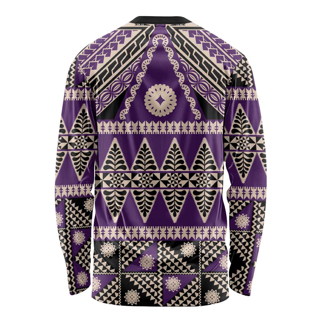 Vintage Bula Fiji Long Sleeve Shirt Purple Tapa Masi Motif LT9 - Polynesian Pride