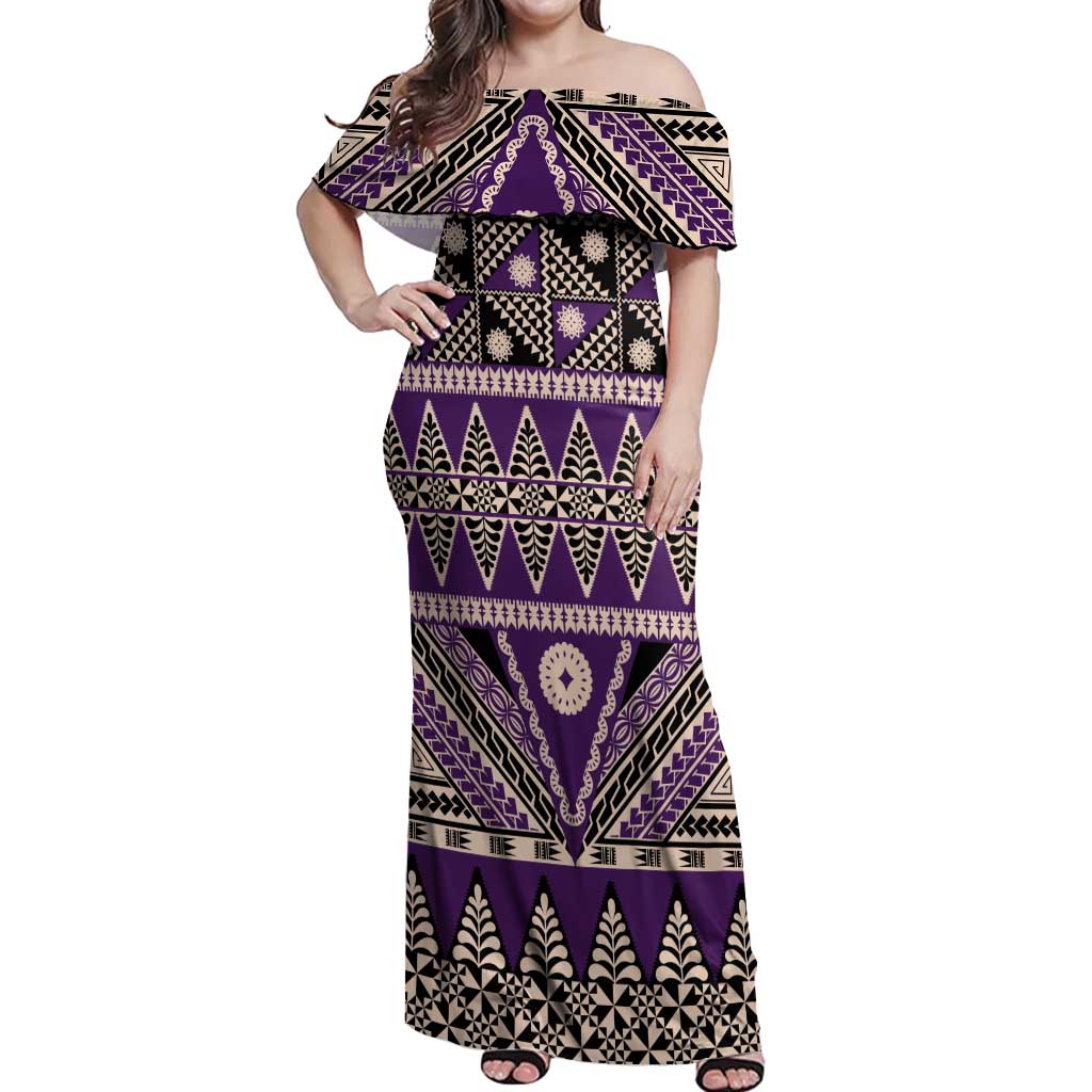 Vintage Bula Fiji Off Shoulder Maxi Dress Purple Tapa Masi Motif