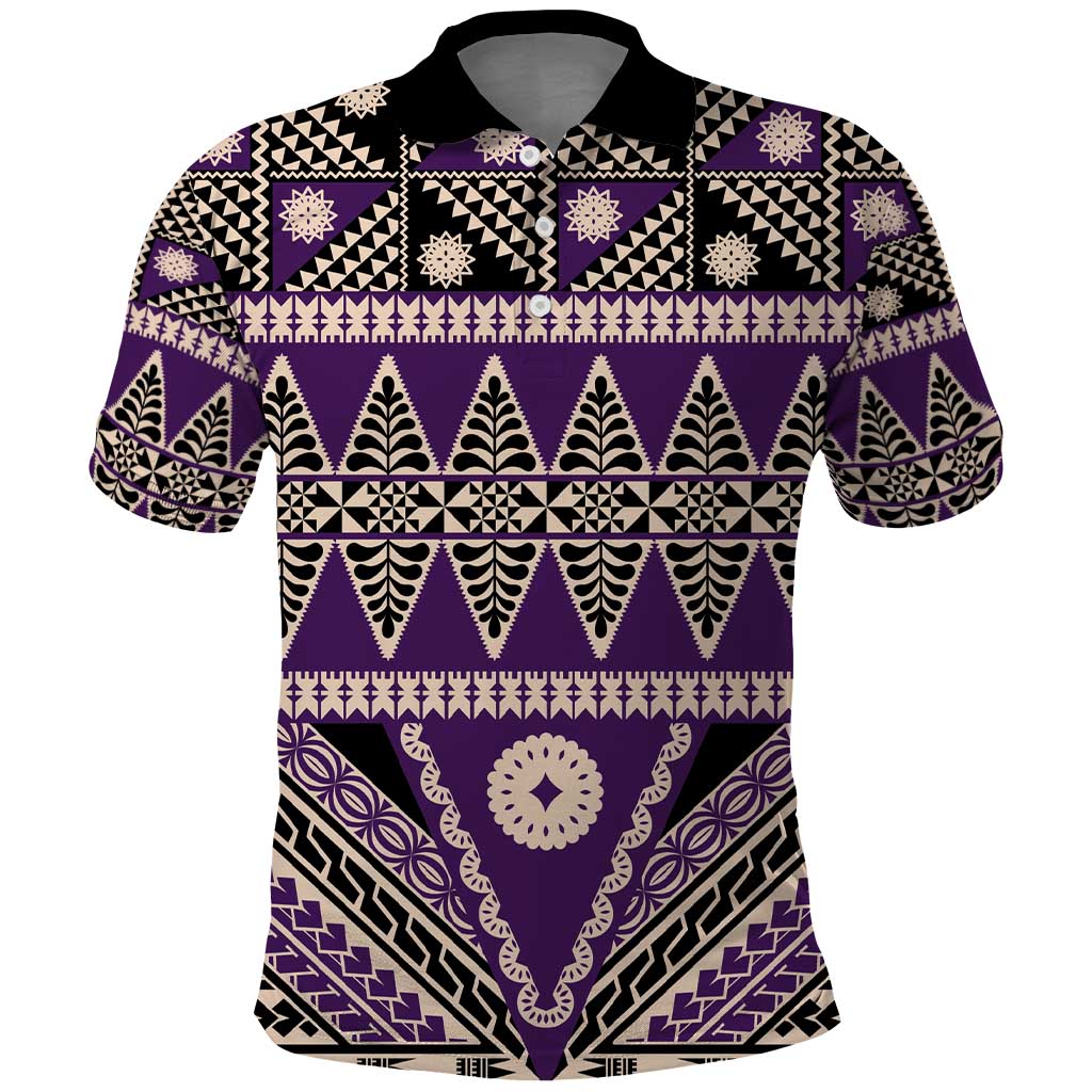 Vintage Bula Fiji Polo Shirt Purple Tapa Masi Motif LT9 Purple - Polynesian Pride