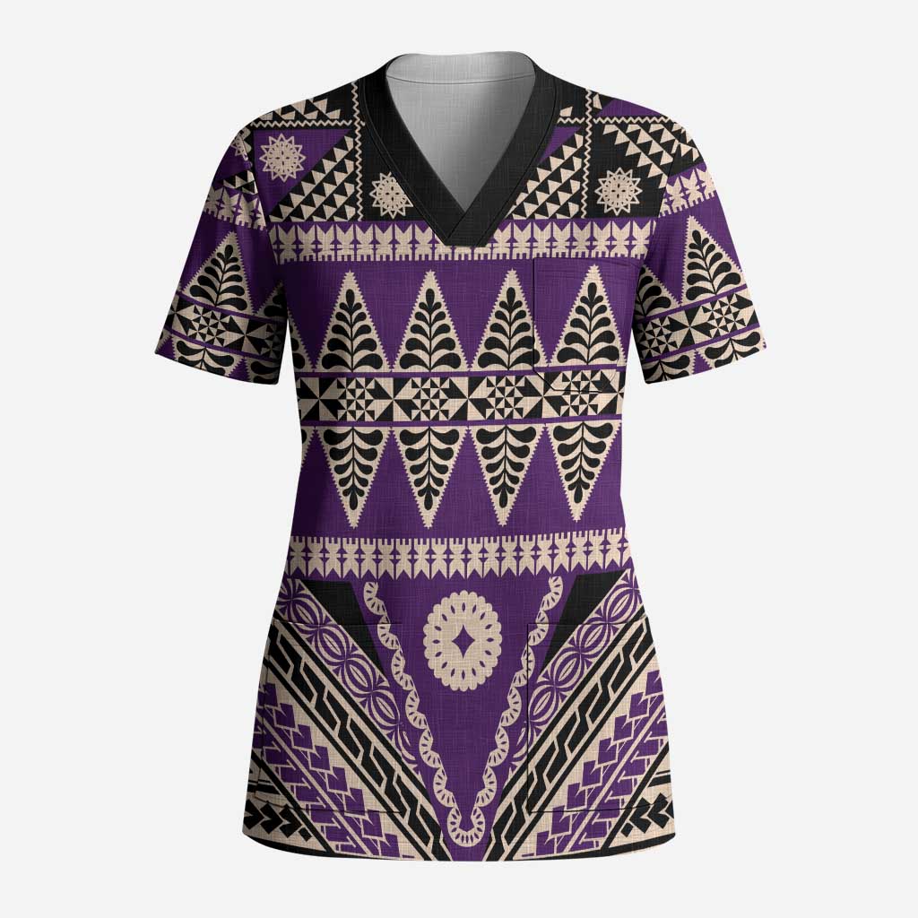 Vintage Bula Fiji Scrub Top Purple Tapa Masi Motif - Polynesian Pride