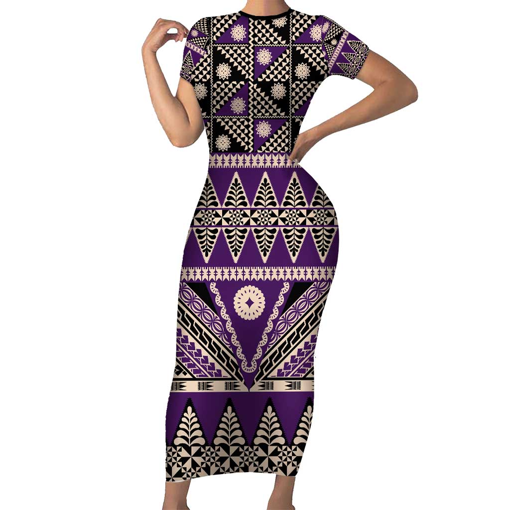 Vintage Bula Fiji Short Sleeve Bodycon Dress Purple Tapa Masi Motif