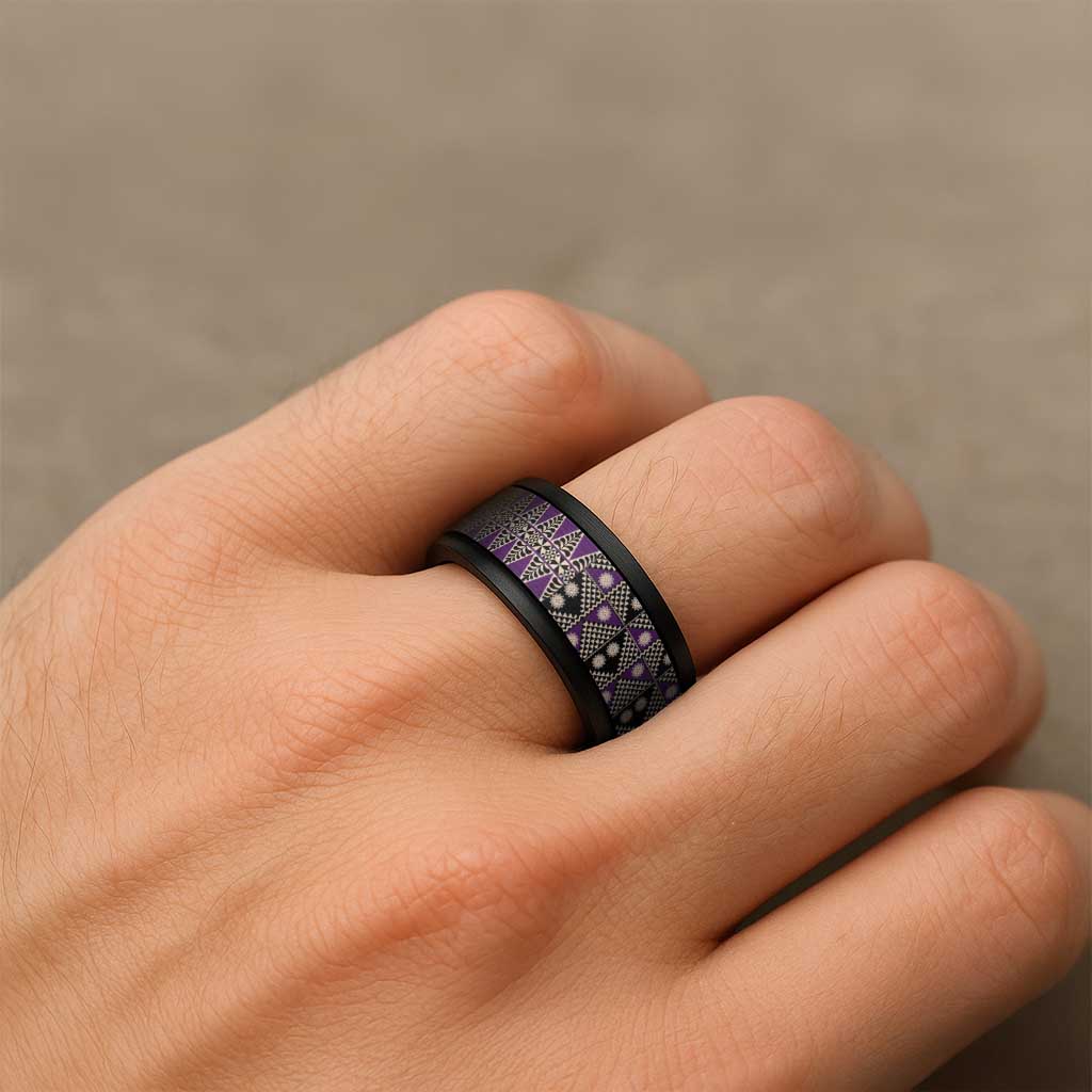 Vintage Bula Fiji Spinner Ring Purple Tapa Masi Motif - Polynesian Pride
