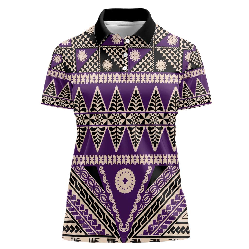 Vintage Bula Fiji Women Polo Shirt Purple Tapa Masi Motif