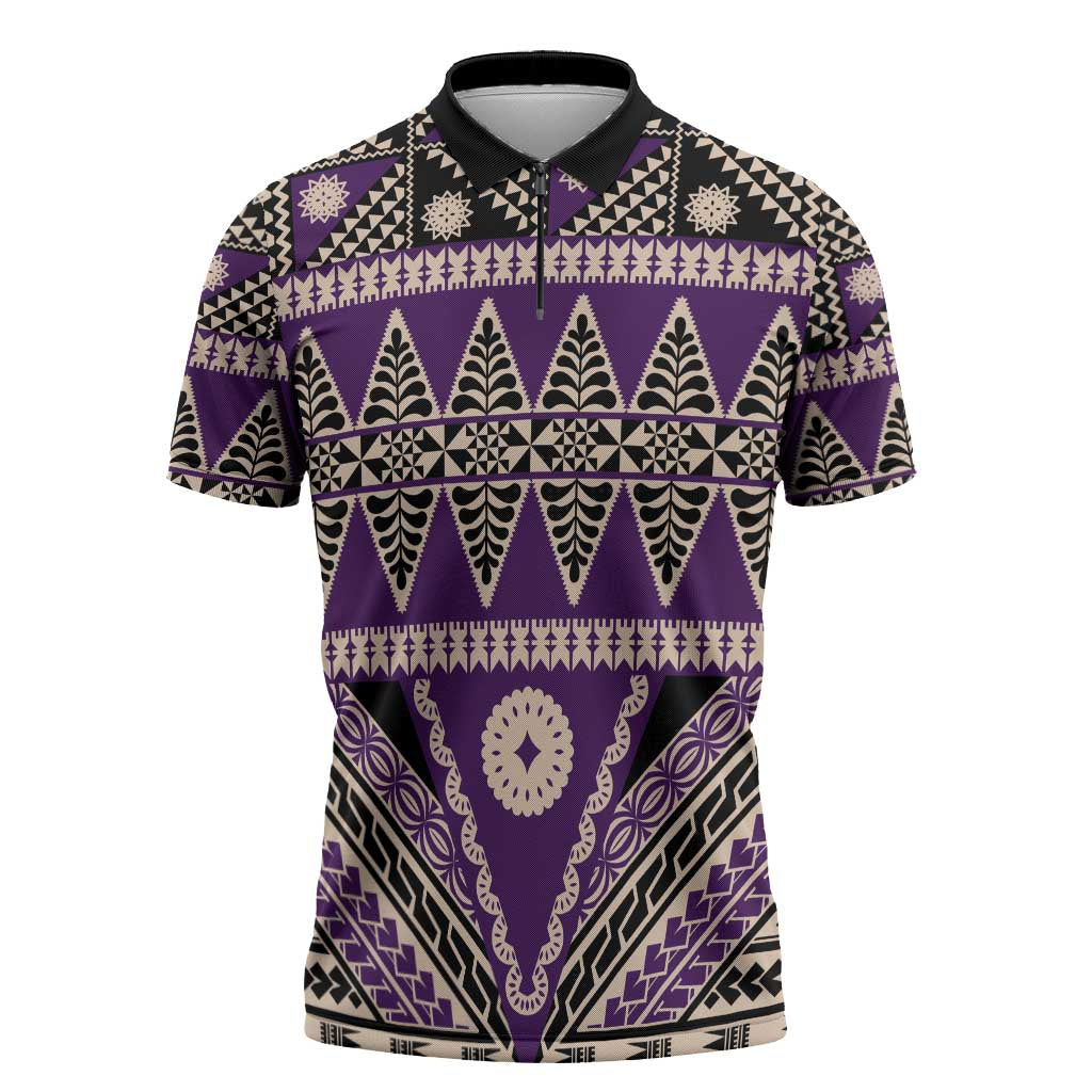 Vintage Bula Fiji Zipper Polo Shirt Purple Tapa Masi Motif LT9 Purple - Polynesian Pride