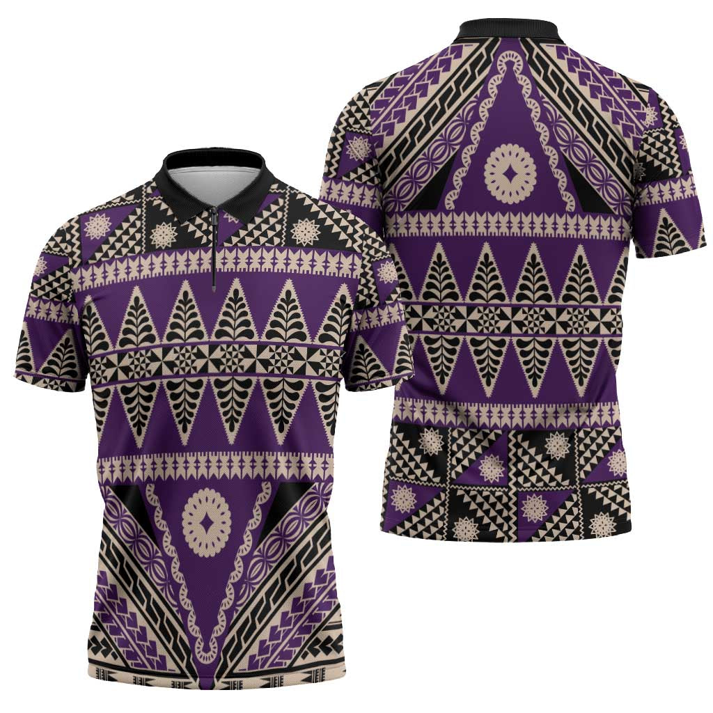Vintage Bula Fiji Zipper Polo Shirt Purple Tapa Masi Motif LT9 - Polynesian Pride