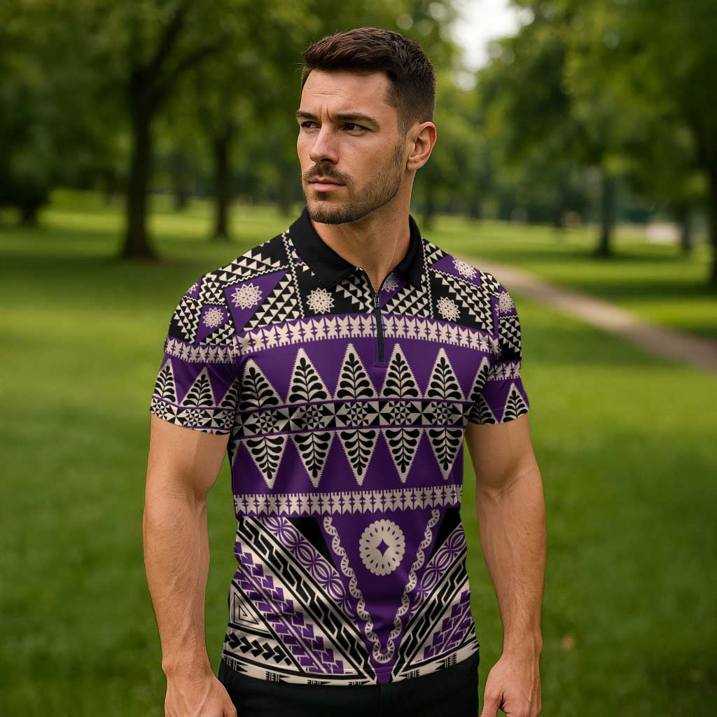 Vintage Bula Fiji Zipper Polo Shirt Purple Tapa Masi Motif LT9 - Polynesian Pride