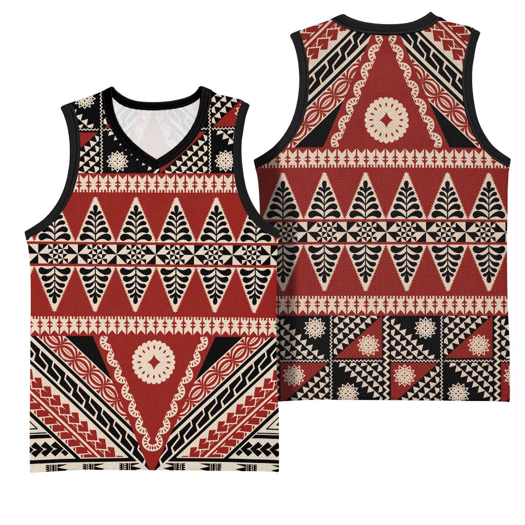 Vintage Bula Fiji Basketball Jersey Red Tapa Masi Motif - Polynesian Pride