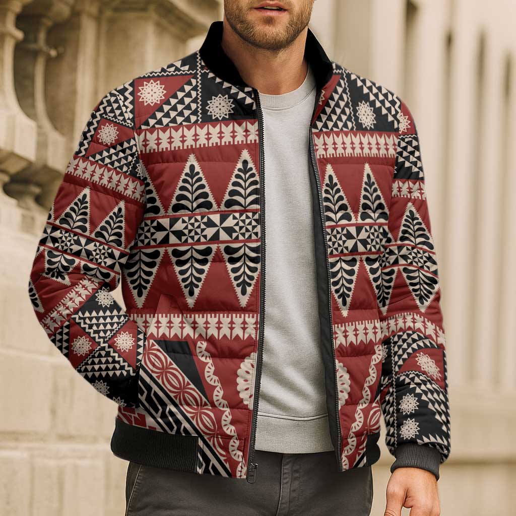 Vintage Bula Fiji Bomber Puffer Jacket Red Tapa Masi Motif - Polynesian Pride