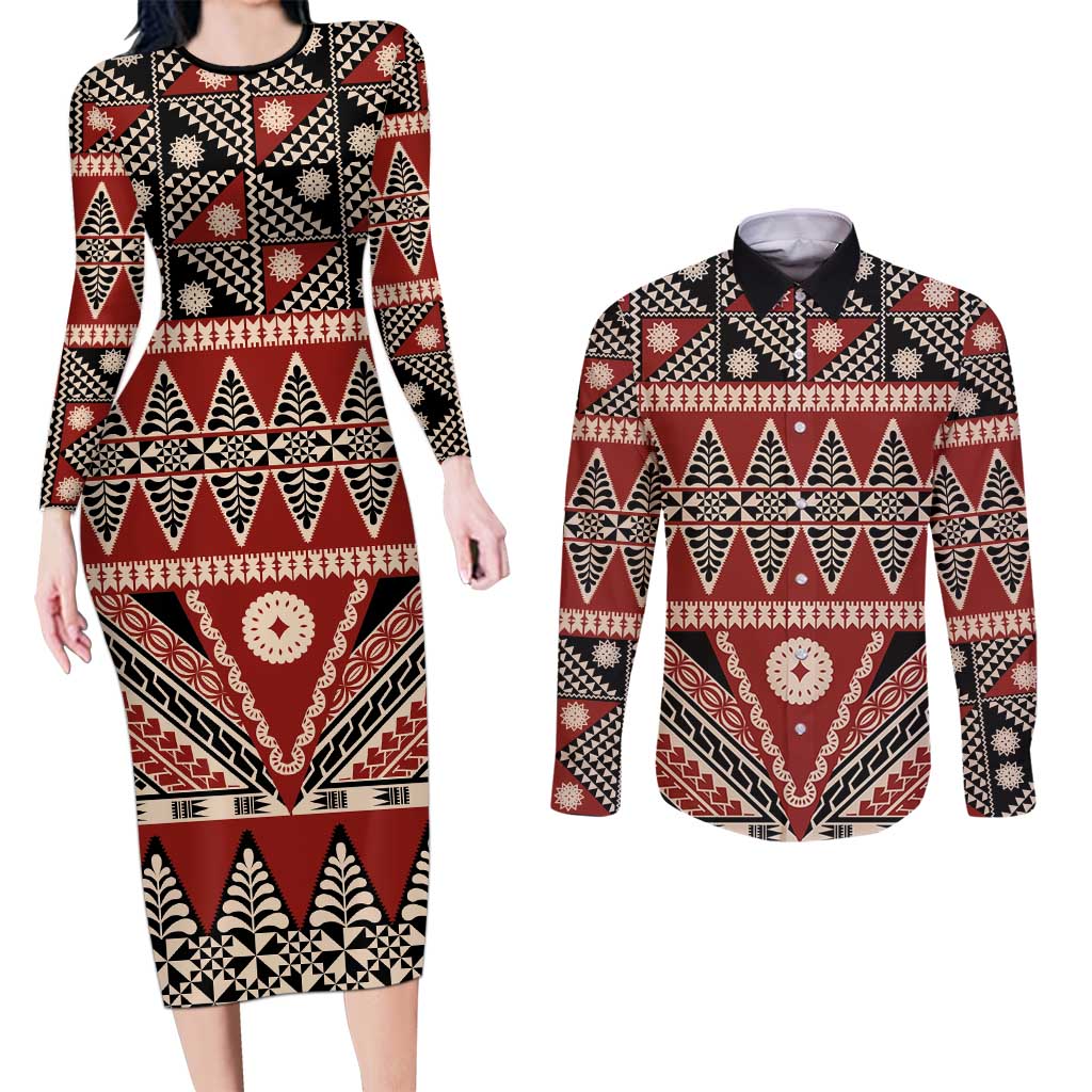 Vintage Bula Fiji Couples Matching Long Sleeve Bodycon Dress and Long Sleeve Button Shirt Red Tapa Masi Motif