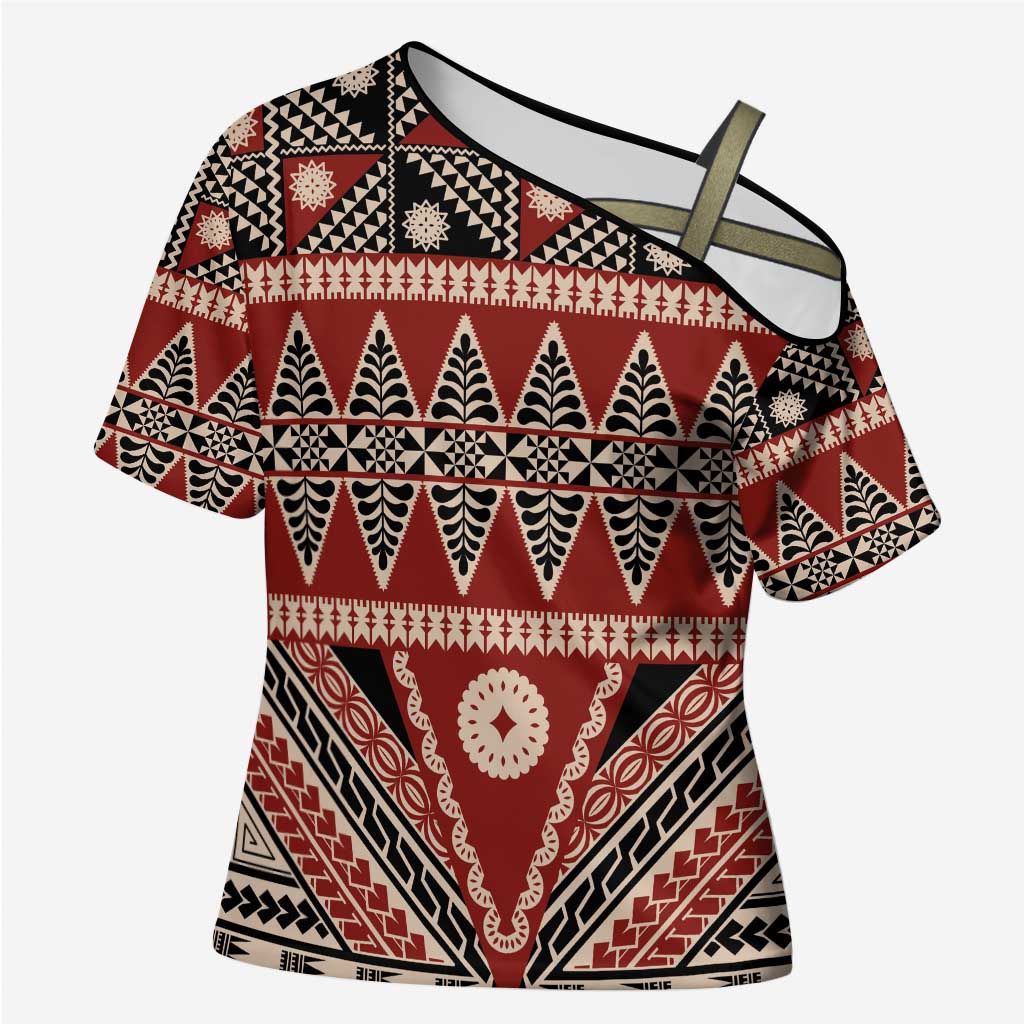 Vintage Bula Fiji Cross Shoulder Shirt Red Tapa Masi Motif - Polynesian Pride