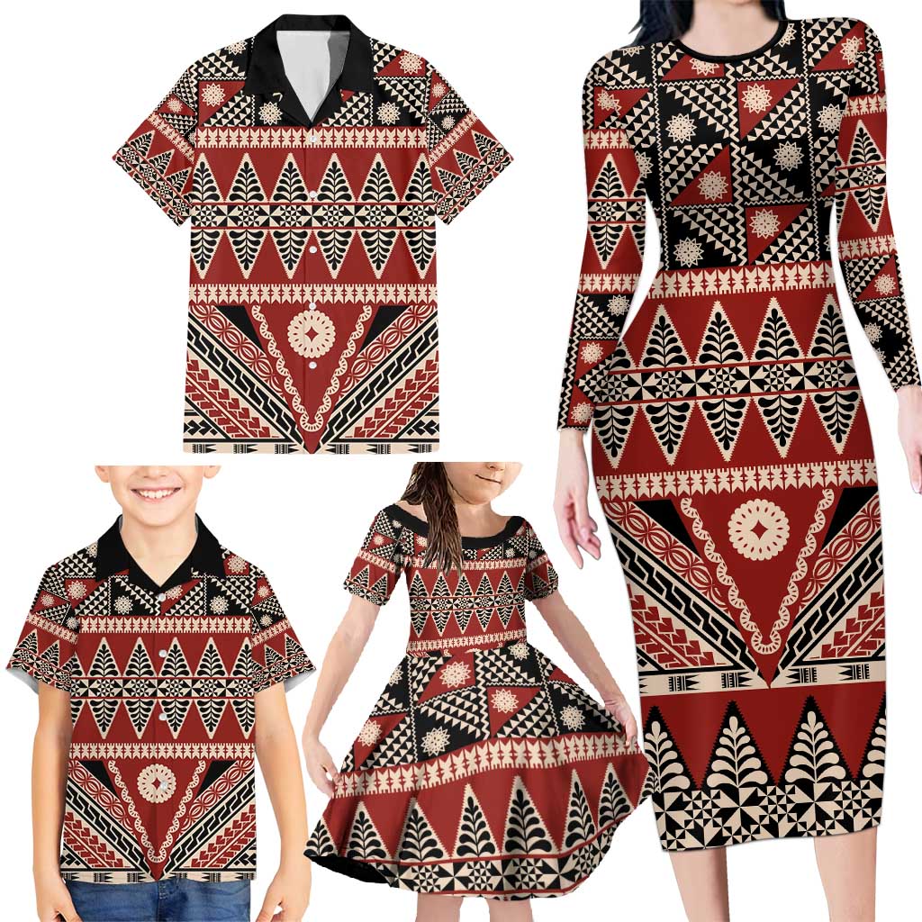 Vintage Bula Fiji Family Matching Long Sleeve Bodycon Dress and Hawaiian Shirt Red Tapa Masi Motif