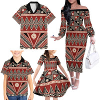 Vintage Bula Fiji Family Matching Off The Shoulder Long Sleeve Dress and Hawaiian Shirt Red Tapa Masi Motif