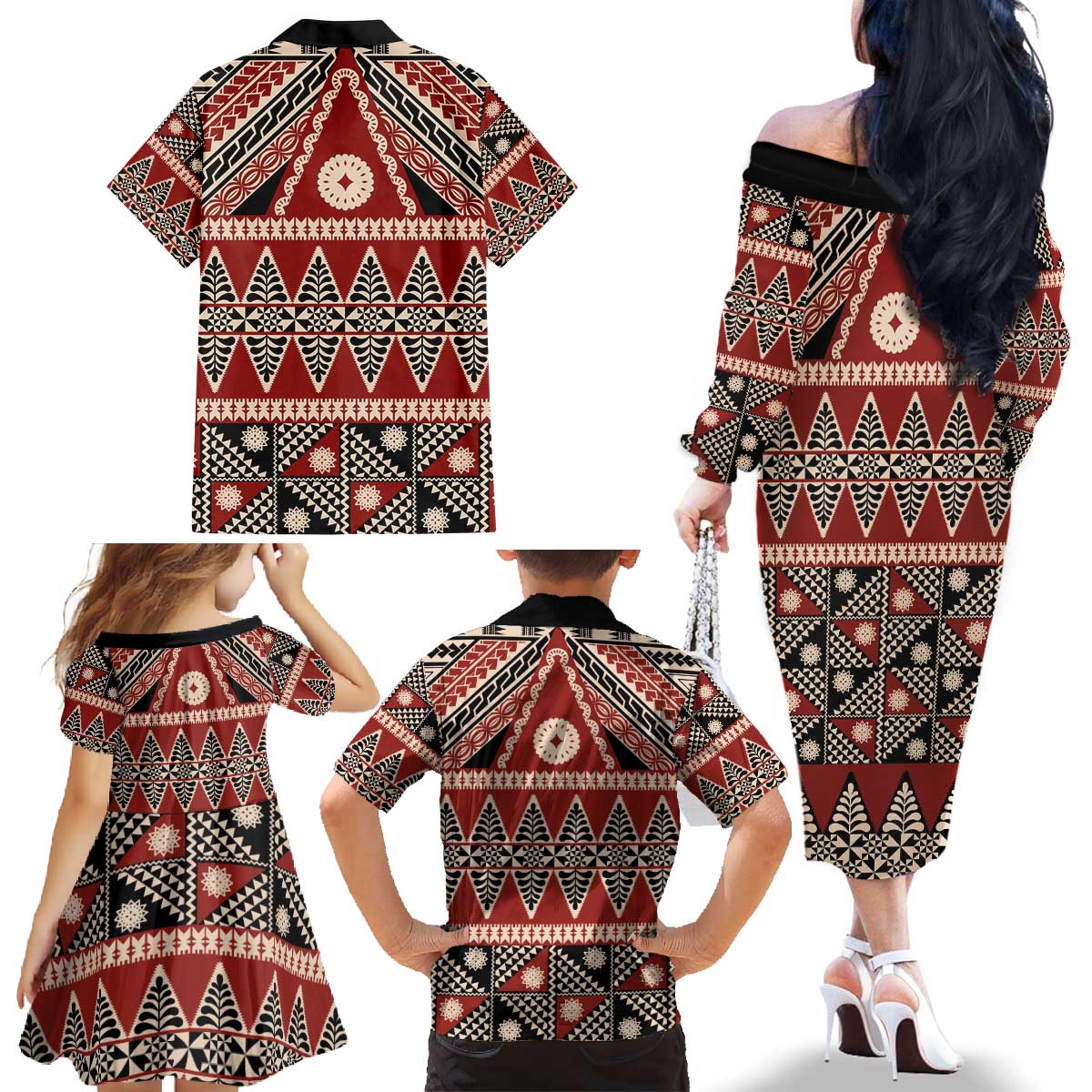 Vintage Bula Fiji Family Matching Off The Shoulder Long Sleeve Dress and Hawaiian Shirt Red Tapa Masi Motif