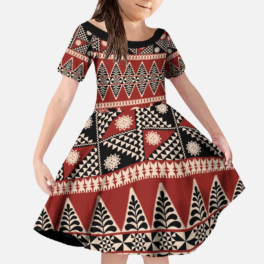 Vintage Bula Fiji Family Matching Off Shoulder Maxi Dress and Hawaiian Shirt Red Tapa Masi Motif