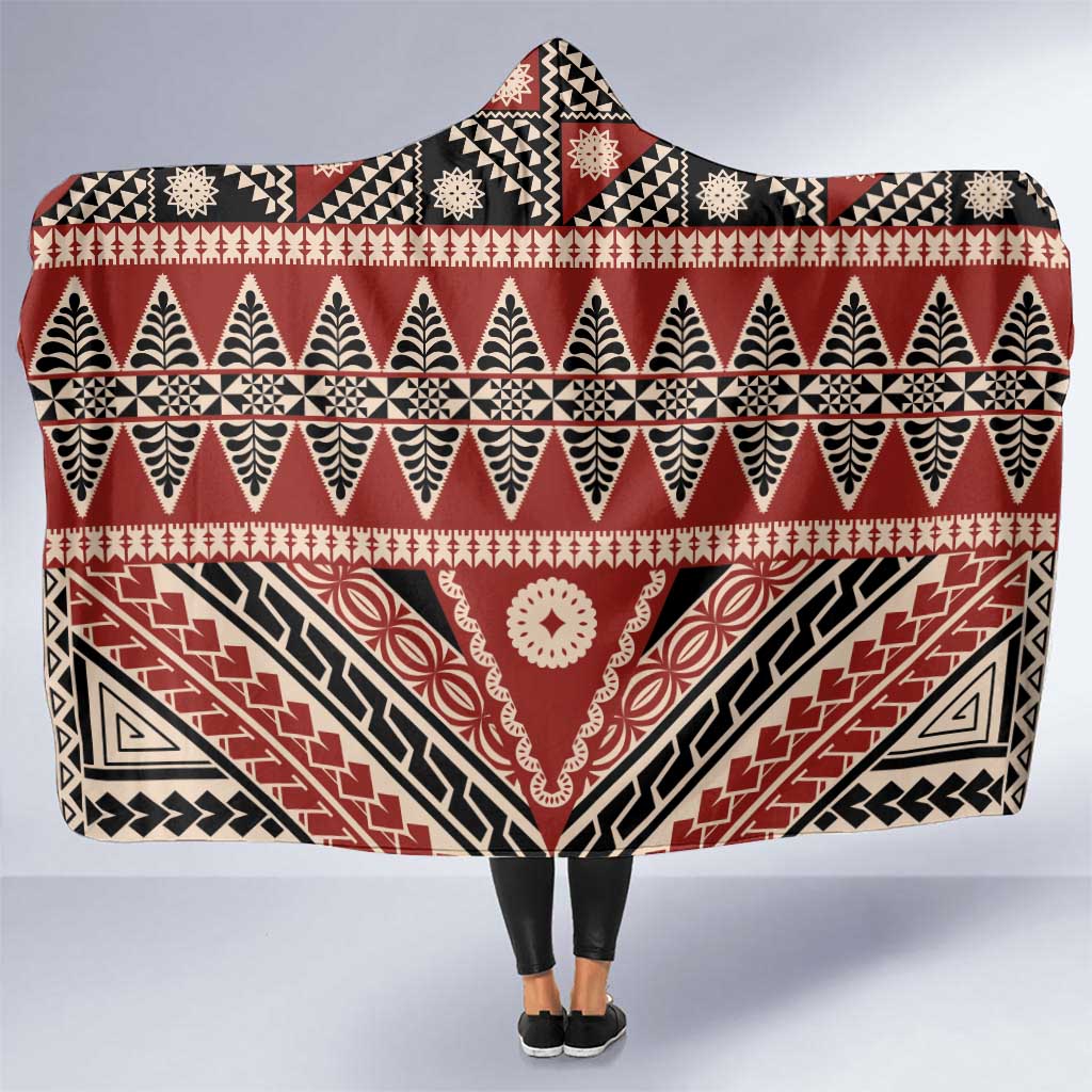 Vintage Bula Fiji Hooded Blanket Red Tapa Masi Motif LT9 One Size Red - Polynesian Pride