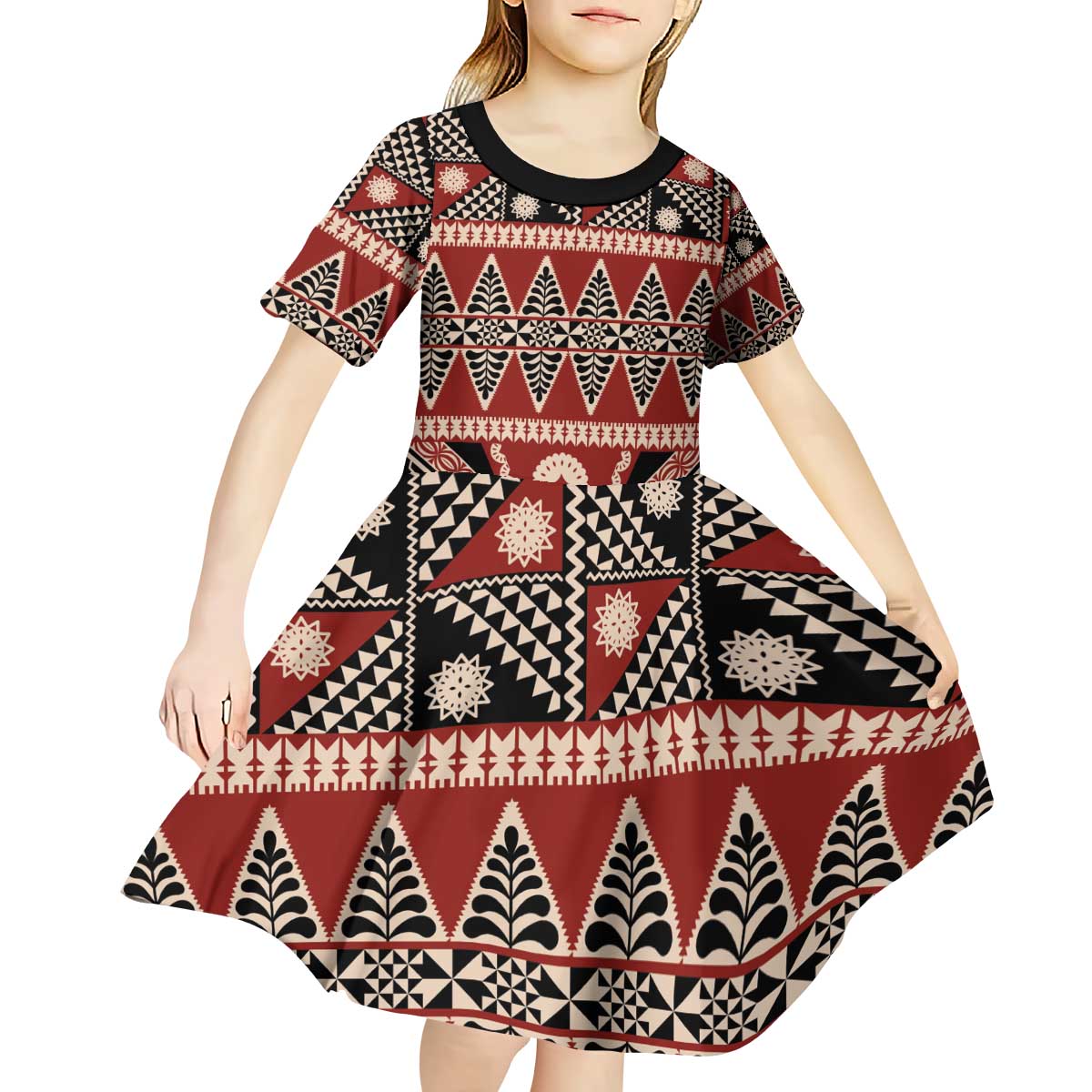 Vintage Bula Fiji Kid Short Sleeve Dress Red Tapa Masi Motif