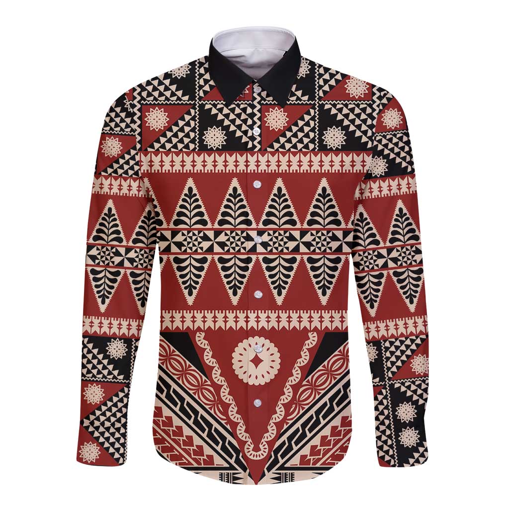 Vintage Bula Fiji Long Sleeve Button Shirt Red Tapa Masi Motif LT9 Unisex Red - Polynesian Pride